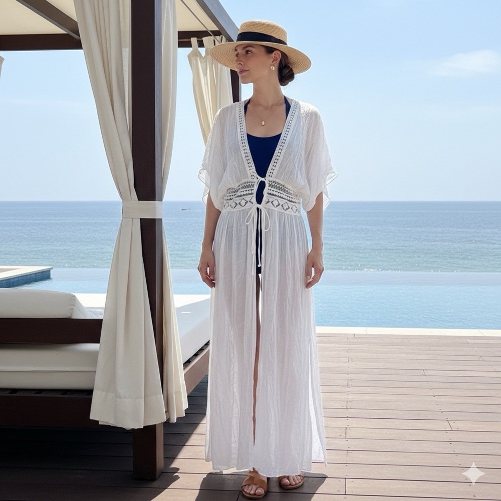 Lulus Maxi Beach Cover Up L White Boho Deep V Lace‎ Tie Waist Sheer Beachy